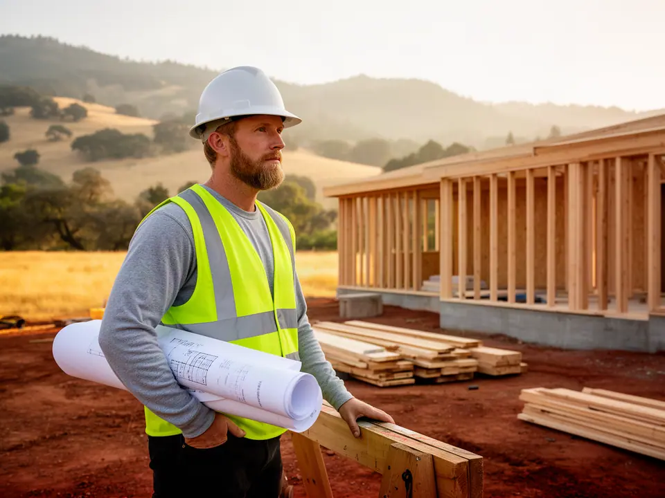 Builder in a hard hat with rolled plans beside new framing in golden oak-dotted foothills
