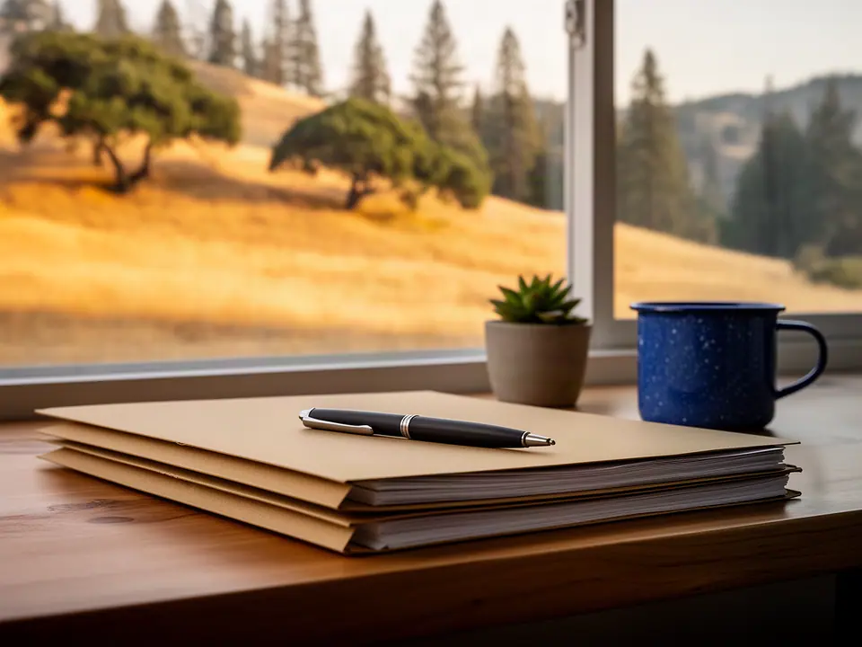 Manila folders, a pen and an enamel mug on a desk by a window onto golden hills