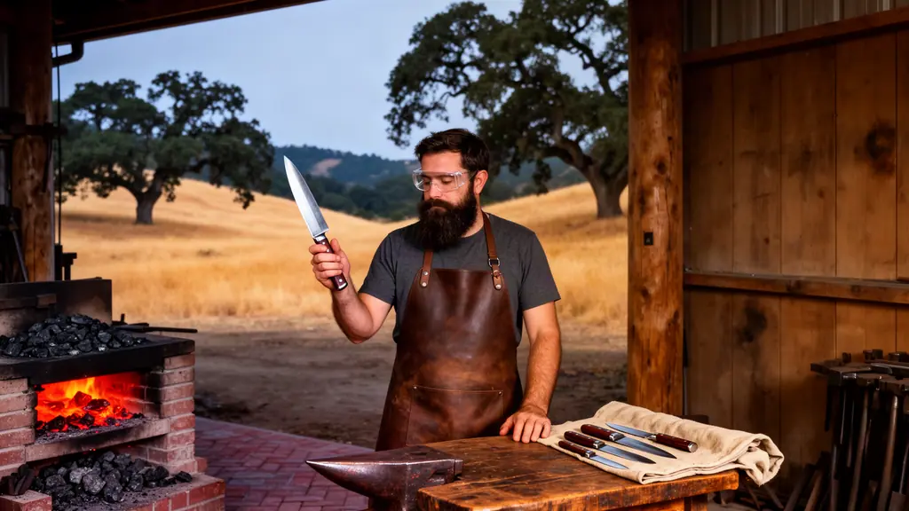 Knifemaker in a leather apron inspecting a finished chef's knife at his workbench, forge glowing and golden oak hills beyond